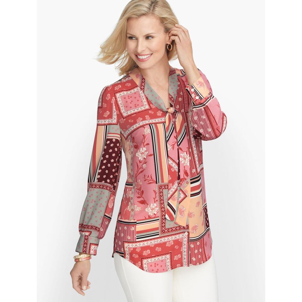 Talbots Tie Front Floral Patchwork Tunic Length Long Sleeve Blouse Top Plus 2X